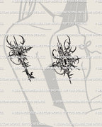 Lock and key matching tattoos shown on friends arms, cybersigilism linework, cybertribal spikes, bold paired symbol idea.