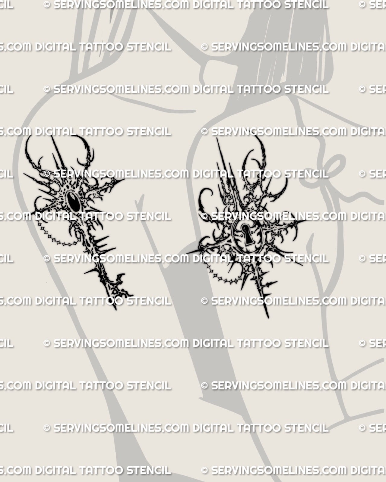 Lock and key matching tattoos shown on friends arms, cybersigilism linework, cybertribal spikes, bold paired symbol idea.