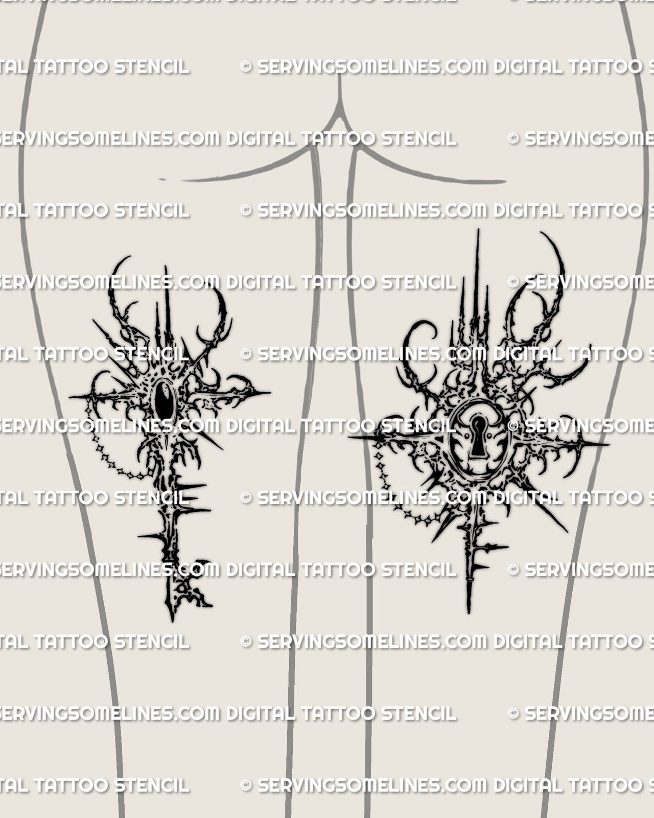 Both designs on the same person, lock and key matching tattoos shown on back of thigh placement, cybersigilism style.