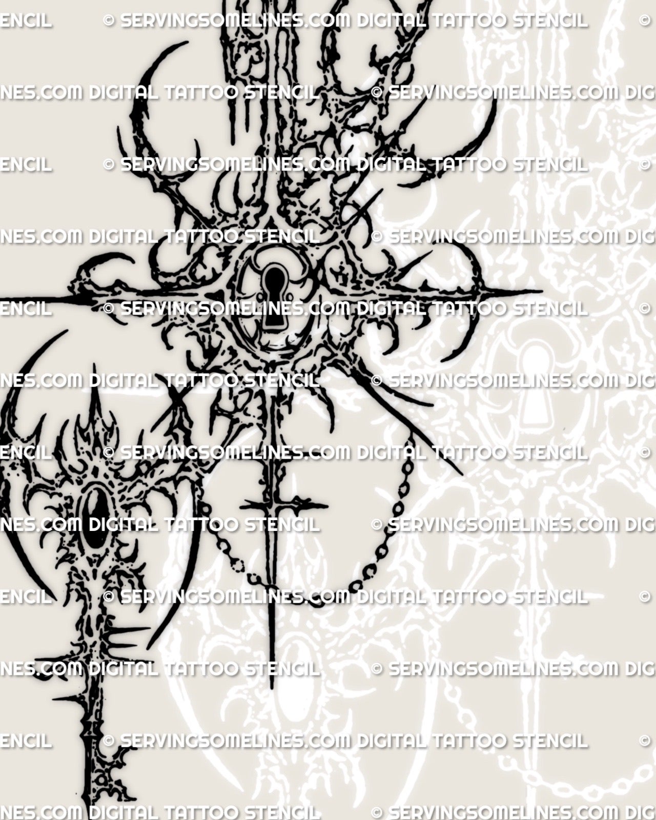 Lock and key tattoo stencil design with keyhole centerpiece, cybersigilism style sigil shapes and subtle chain accent