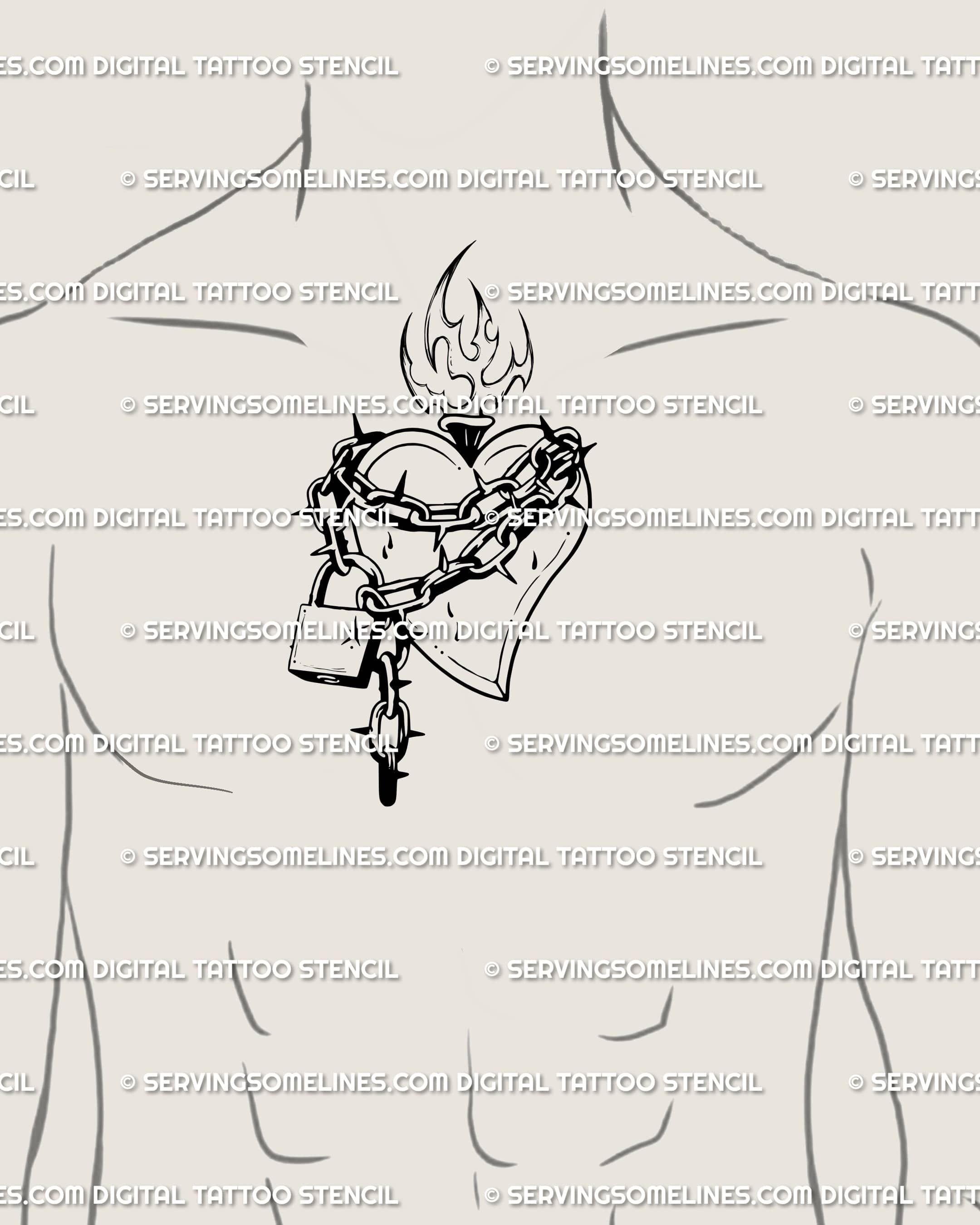 Locked heart tattoo symbolism in neotribal style, with barbed wire and spikes, drawn as a bold sacred heart tattoo across men’s chest.