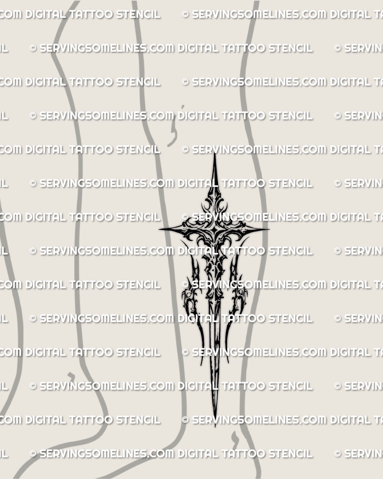 Long blade cross stencil shown on lower leg placement, elongated sword cross with tapered point, high contrast outline for stencil transfer.