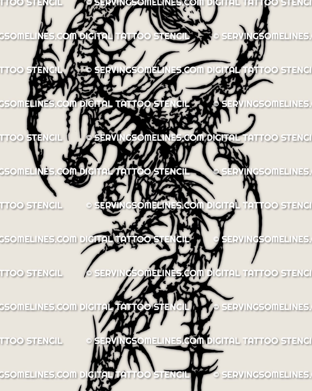 Long dragon tattoo stencil download in cybersigilism style, printable design files for stencil-ready use