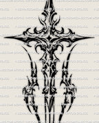 Close up of long sword cross stencil download, sharp tips and carved negative space, crisp black linework for professional stencil use.