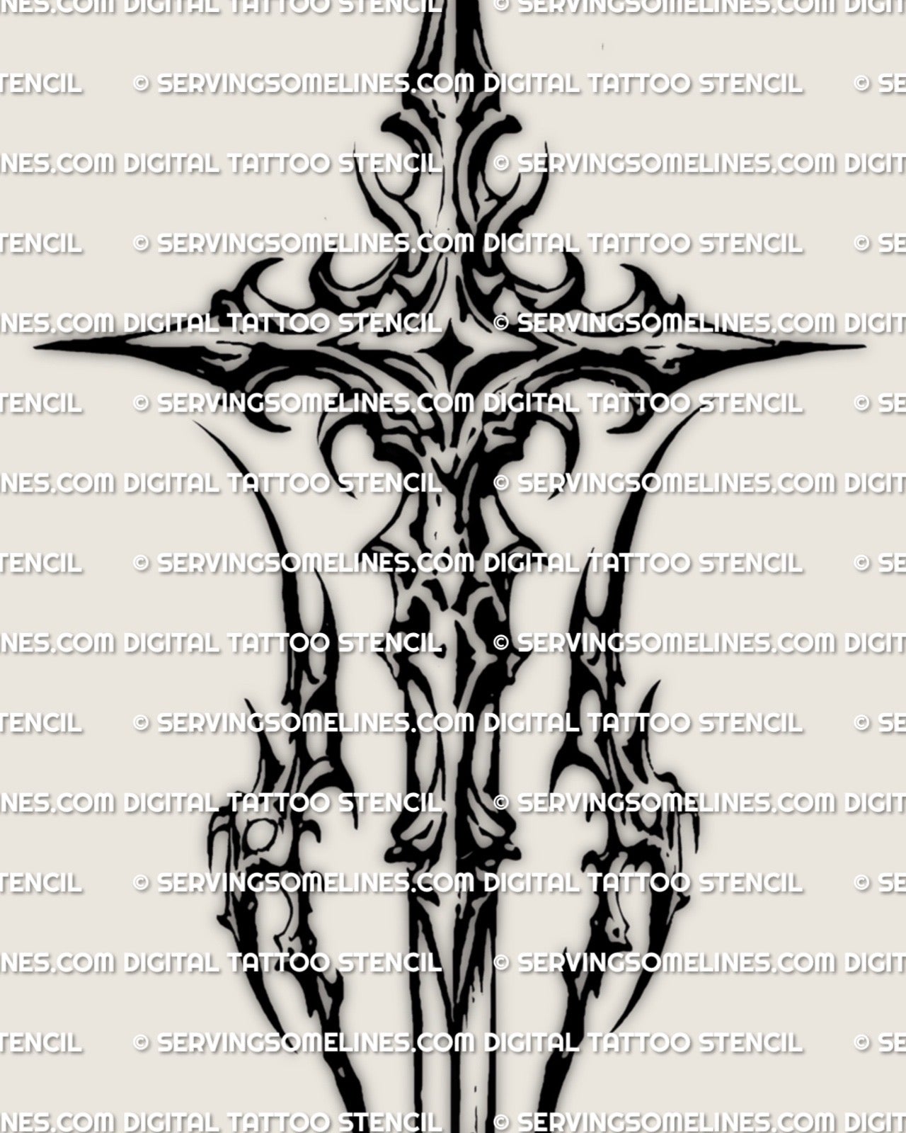 Close up of long sword cross stencil download, sharp tips and carved negative space, crisp black linework for professional stencil use.