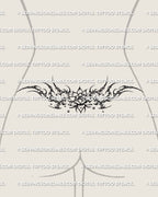 Lotus tramp stamp tattoo stencil displayed on low waist placement with cyber curves and floral lower back shape