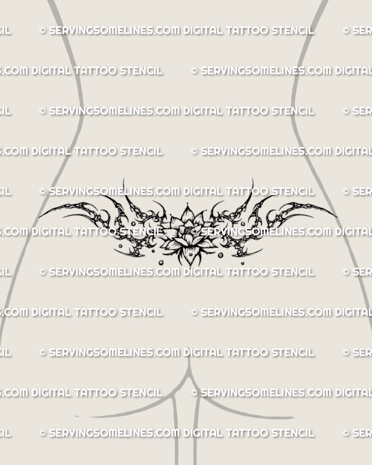 Lotus tramp stamp tattoo stencil displayed on low waist placement with cyber curves and floral lower back shape