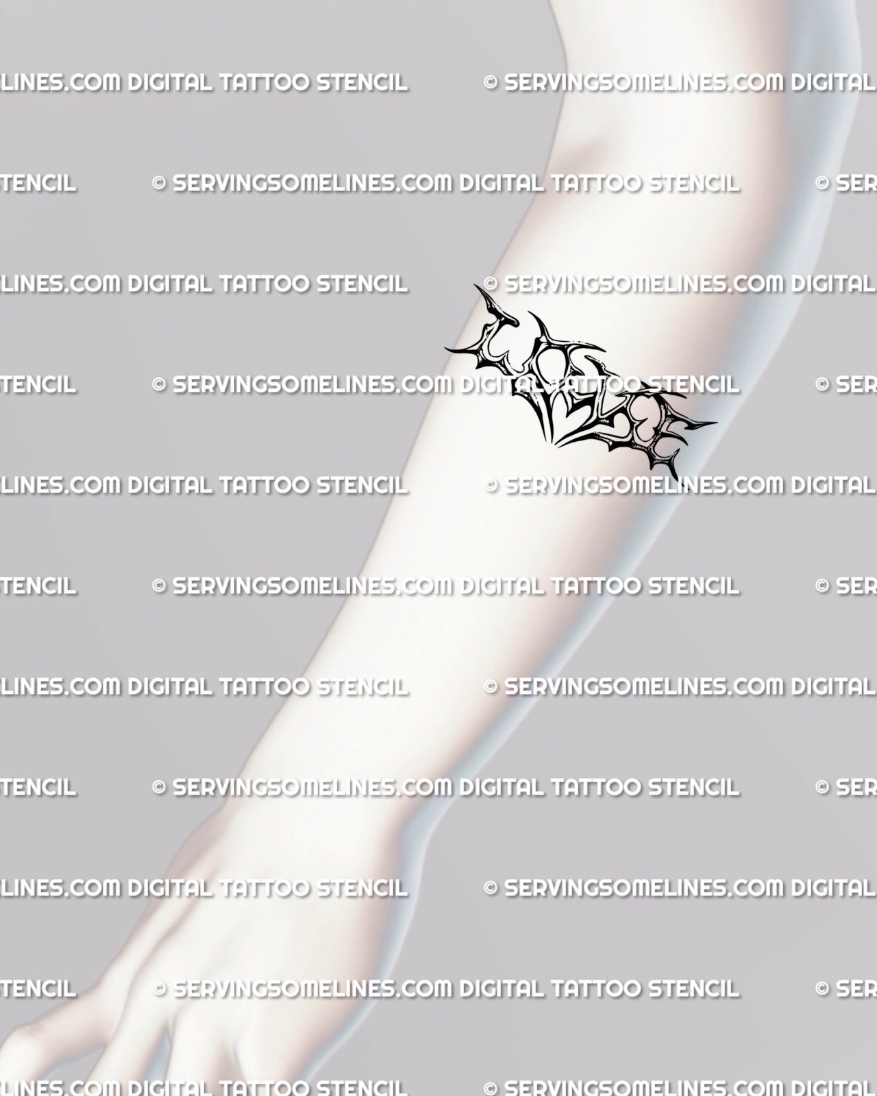 Digital LOVE lettering tattoo stencil shown horizontally across the forearm, blackwork tribal lettering with heart-spiked center for balance.