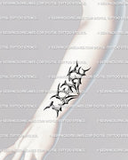 LOVE lettering tattoo design displayed along the forearm, sleek tribal spikes forming a heart shape, digital stencil preview in black line art.