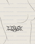 Neotribal LOVE lettering tattoo digital stencil shown on woman’s side breast placement, minimal gothic script with heart-spiked black lines.