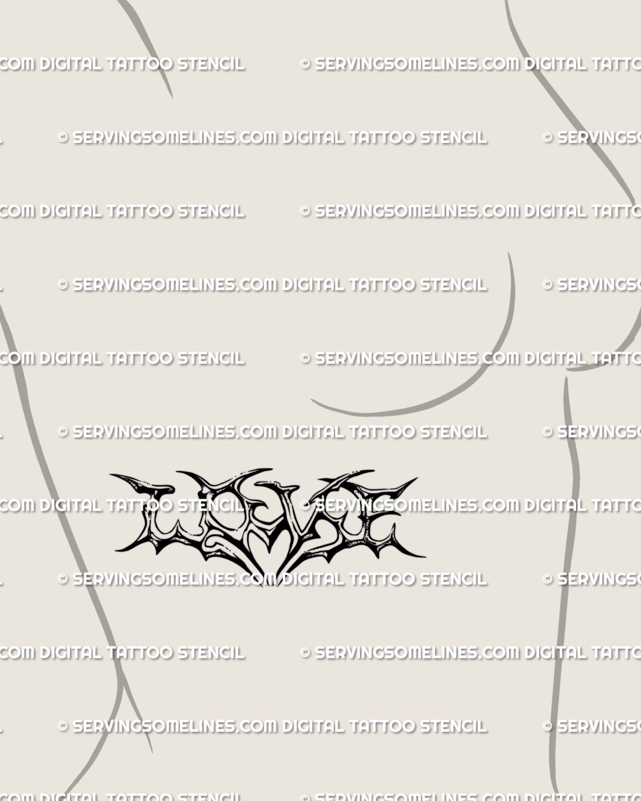 Neotribal LOVE lettering tattoo digital stencil shown on woman’s side breast placement, minimal gothic script with heart-spiked black lines.