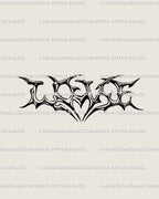 Digital LOVE lettering tattoo stencil in neotribal gothic style, spiky blackwork design preview showing heart-formed center for versatile placements.
