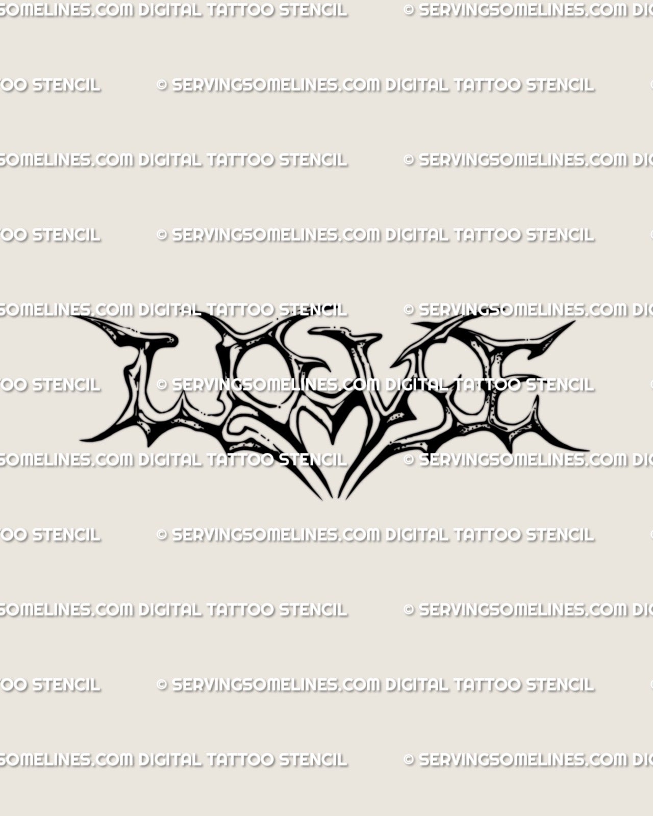 Digital LOVE lettering tattoo stencil in neotribal gothic style, spiky blackwork design preview showing heart-formed center for versatile placements.
