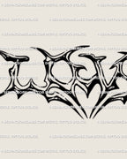 Minimal LOVE lettering tattoo stencil in neotribal black linework, sharp spikes and heart center shown as digital stencil design preview.