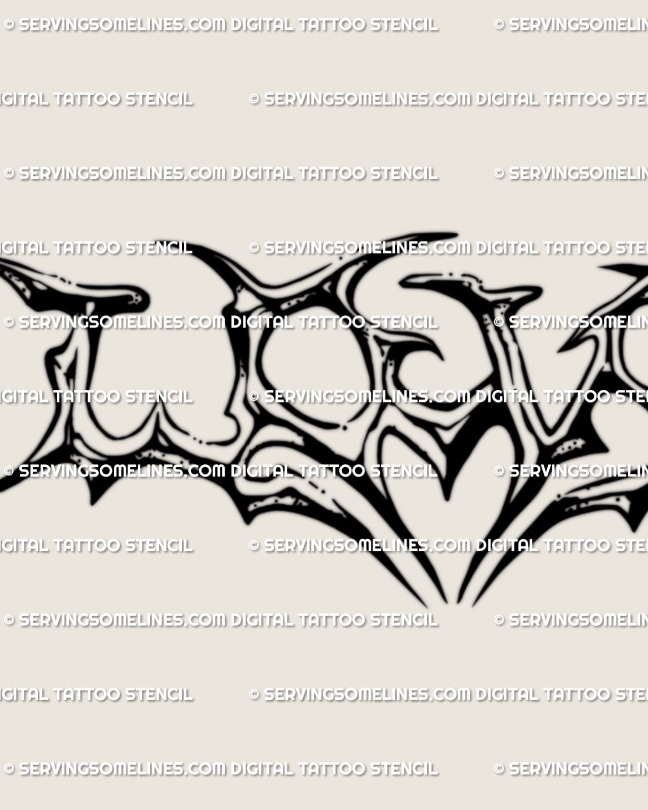 Minimal LOVE lettering tattoo stencil in neotribal black linework, sharp spikes and heart center shown as digital stencil design preview.