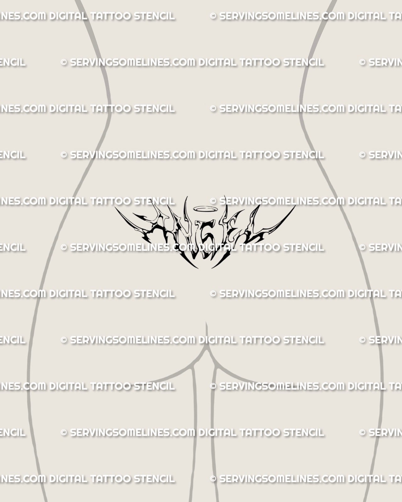 Lower back angel lettering tattoo idea, gothic neotribal cyber font with halo lines forming elegant tramp stamp word tattoo design.