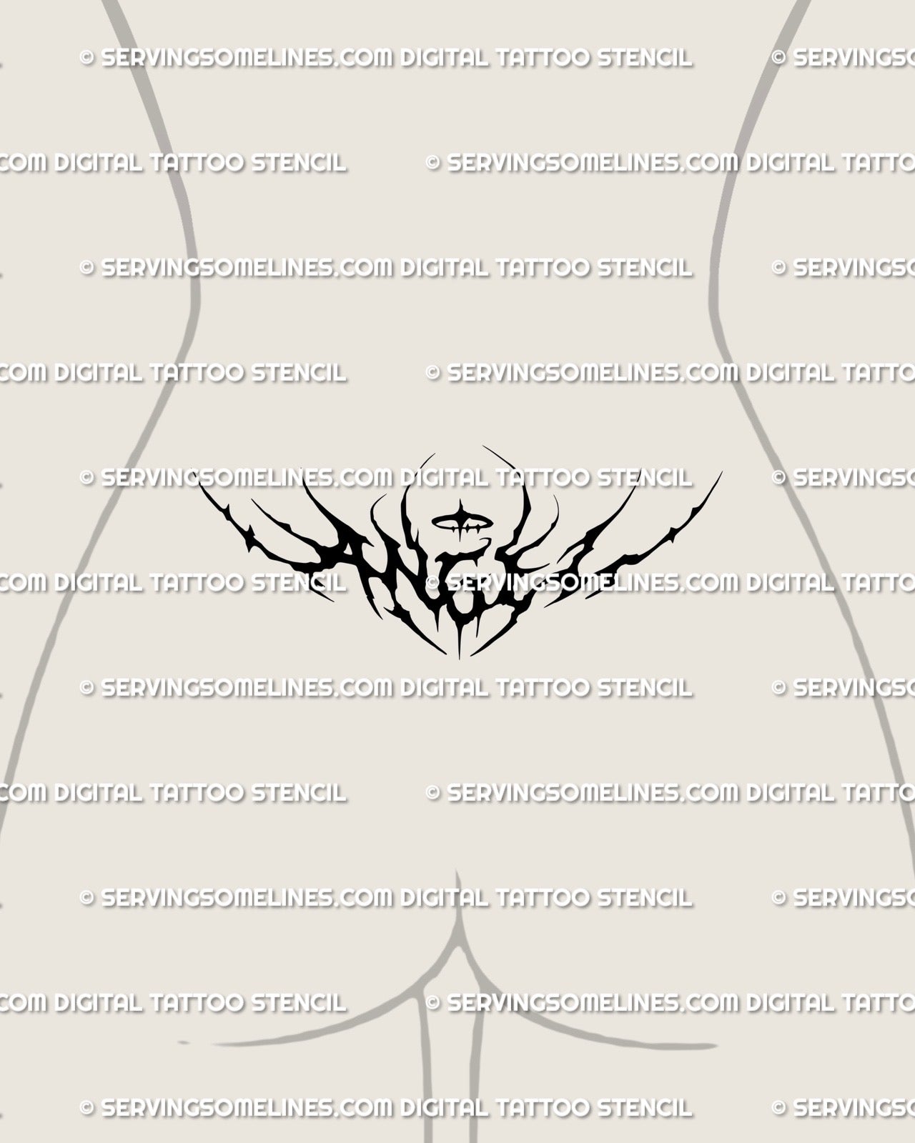 Digital angel lettering tattoo stencil shown on lower back placement, neotribal gothic wings spreading from blackwork lettering center.