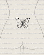 Lower back placement on a woman featuring the mesh butterfly stencil, minimal line art arranged to follow the waistline for a modern tramp stamp feel