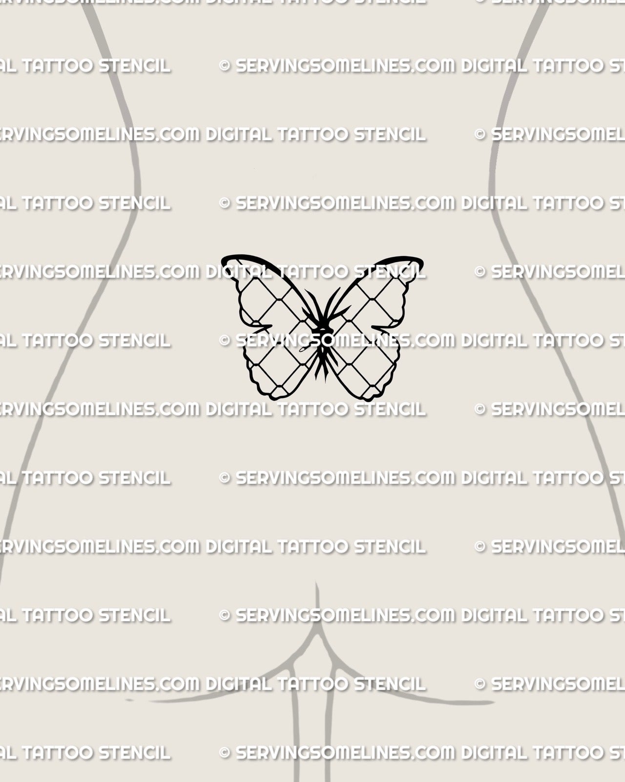 Lower back placement on a woman featuring the mesh butterfly stencil, minimal line art arranged to follow the waistline for a modern tramp stamp feel