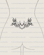 woman’s lower back showing a butterfly neotribal heart tramp stamp tattoo stencil with clean modern linework and a soft y2k inspired waist shape