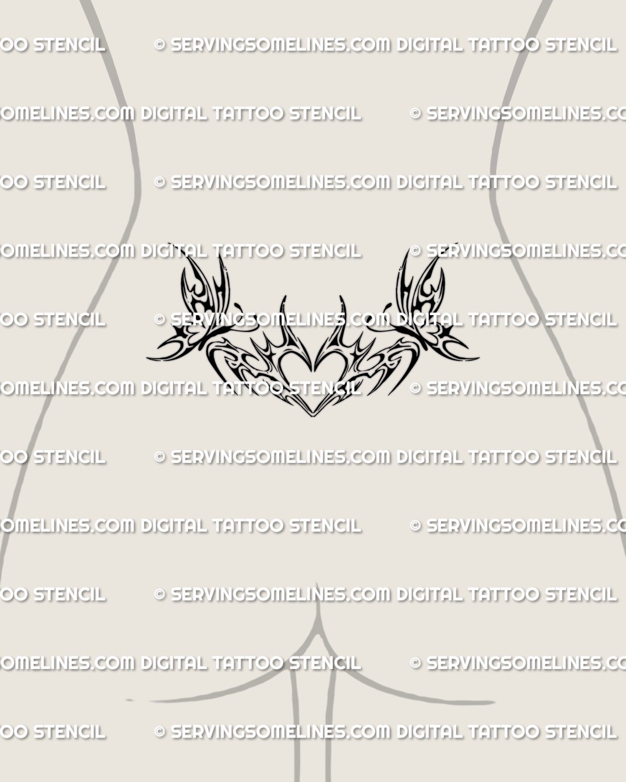 woman’s lower back showing a butterfly neotribal heart tramp stamp tattoo stencil with clean modern linework and a soft y2k inspired waist shape