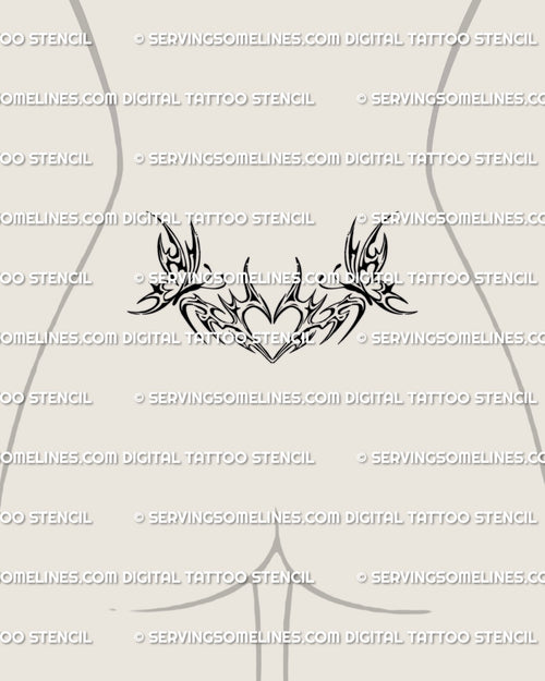 woman’s lower back showing a butterfly neotribal heart tramp stamp tattoo stencil with clean modern linework and a soft y2k inspired waist shape