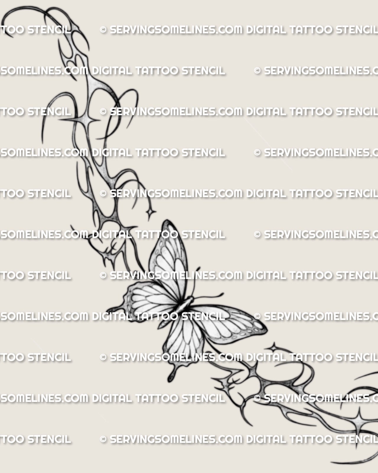 Lower back butterfly tattoo design shown as a full stencil layout, with centered wings and flowing side extensions.