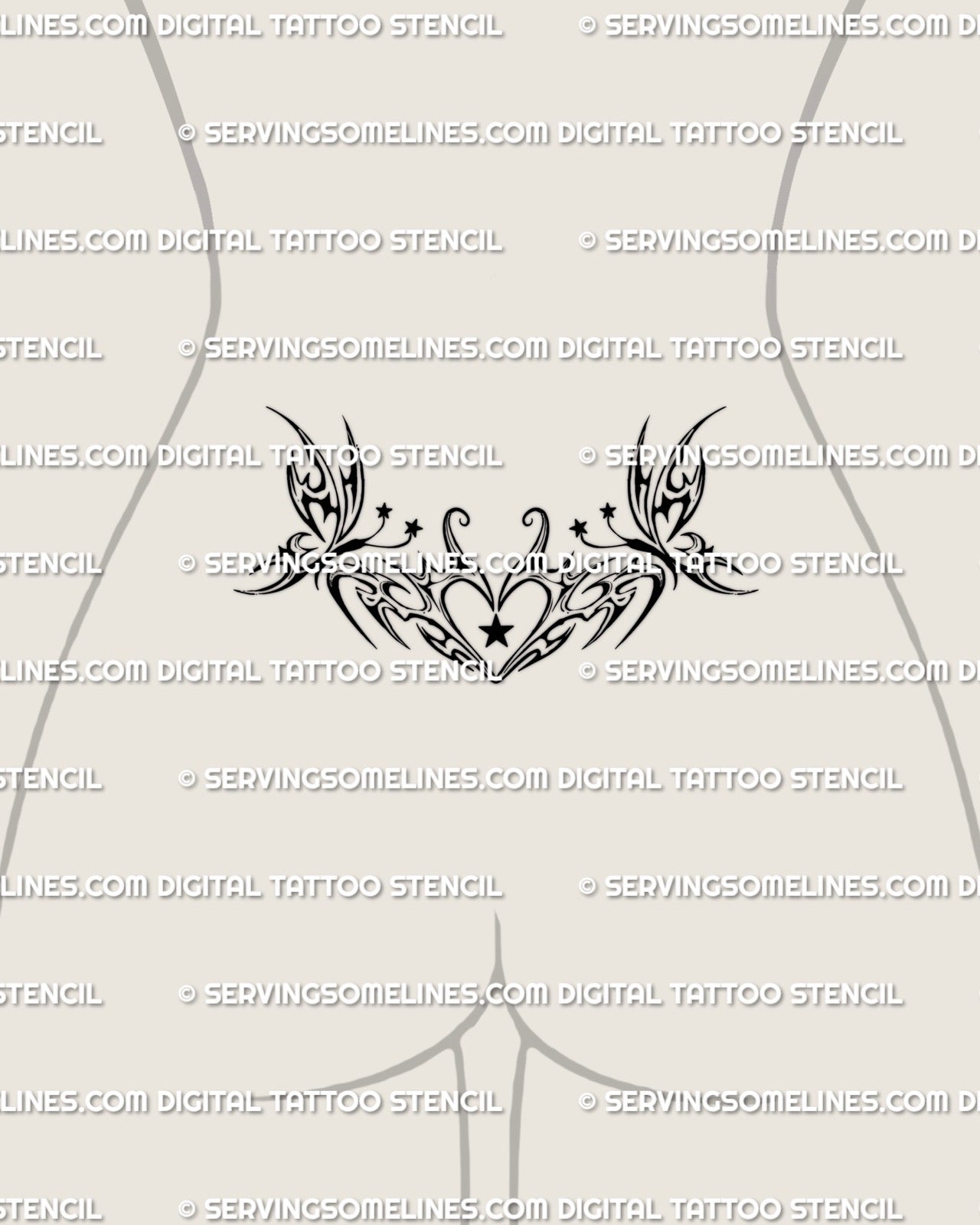 lower back tramp stamp mockup with a butterfly tribal heart tattoo and flowing Y2K star lined accents shaping the waist