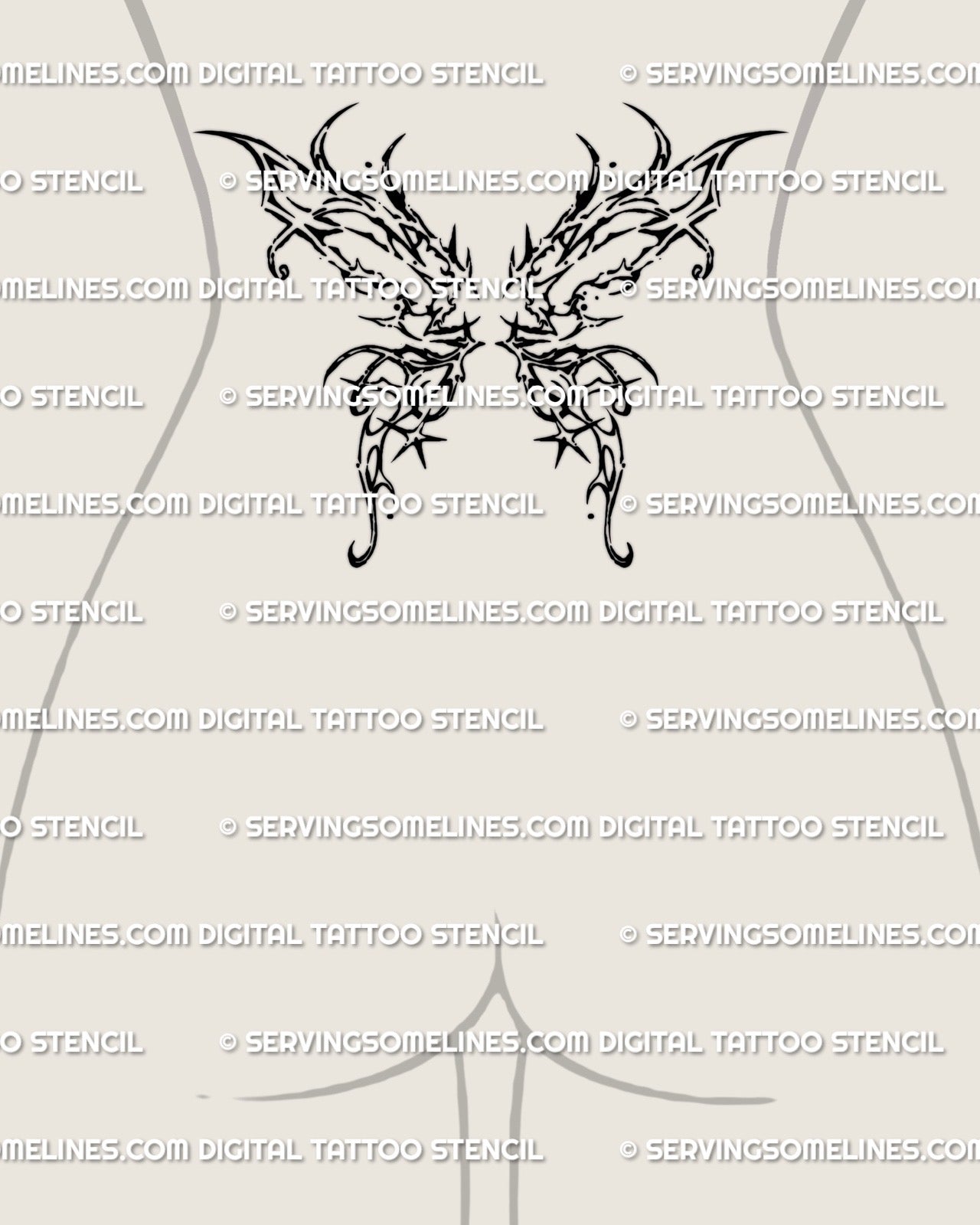 lower back placement of a butterfly wing tattoo with sharp ornamental curves and bold gothic styling shaped horizontally across the waist