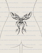 Lower back butterfly wings tattoo with corset ribbon and star charms, gothic fairycore style blending soft and spiky shapes.