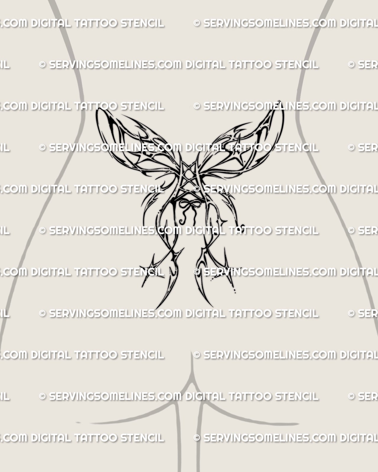 Lower back butterfly wings tattoo with corset ribbon and star charms, gothic fairycore style blending soft and spiky shapes.