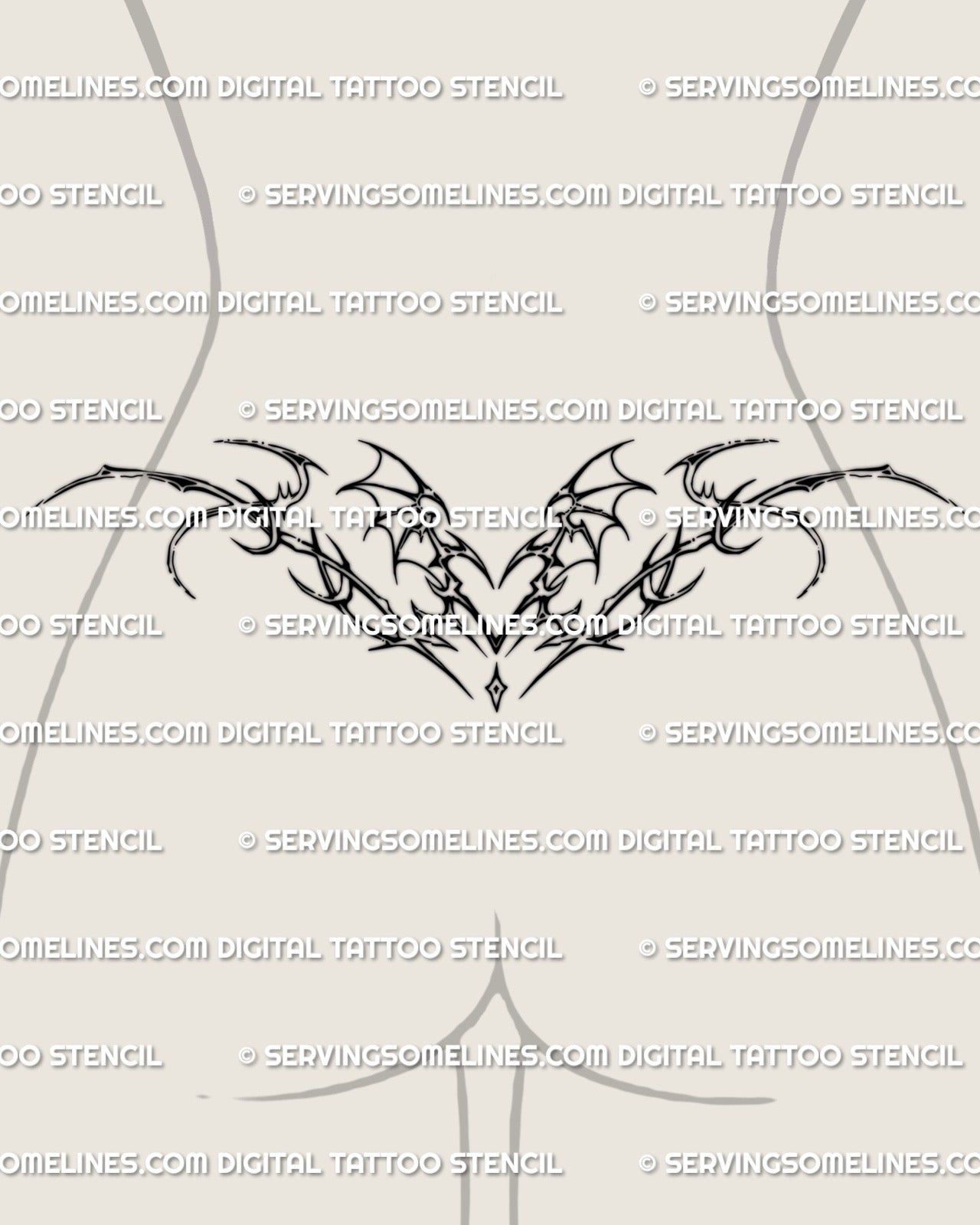 feminine lower back placement featuring a cyber styled winged heart tattoo with soft demon inspired accents and curved linework