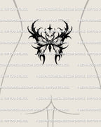 Dark winged moth tattoo stencil displayed on women’s lower back placement, shaped to follow the waistline with controlled symmetry.
