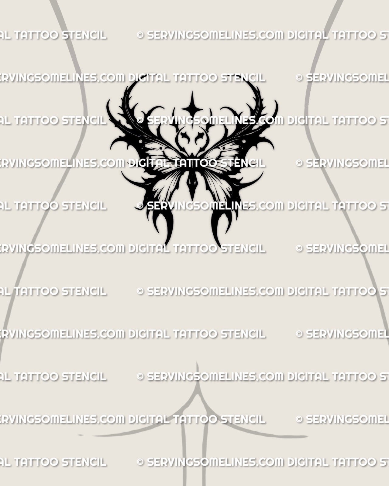 Dark winged moth tattoo stencil displayed on women’s lower back placement, shaped to follow the waistline with controlled symmetry.
