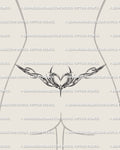 Lower back feminine heart wings tattoo stencil, fine line neotribal tramp stamp design in cybersigilism style, elegant and graceful outline.