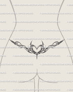 Lower back feminine heart wings tattoo stencil, fine line neotribal tramp stamp design in cybersigilism style, elegant and graceful outline.