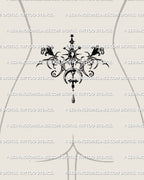 Lower back cybersigilism floral tattoo stencil with gothic baroque curves, crescent moon, stars and a cross 