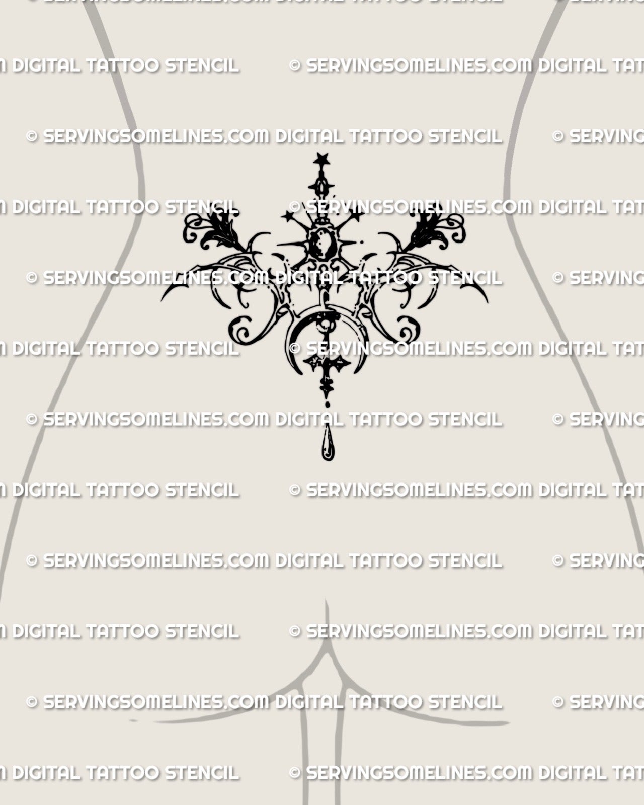Lower back cybersigilism floral tattoo stencil with gothic baroque curves, crescent moon, stars and a cross 