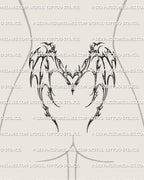 lower back tattoo with cyber sigil heart and demon inspired wings, spiky neotribal curves shaped for modern waistline placement