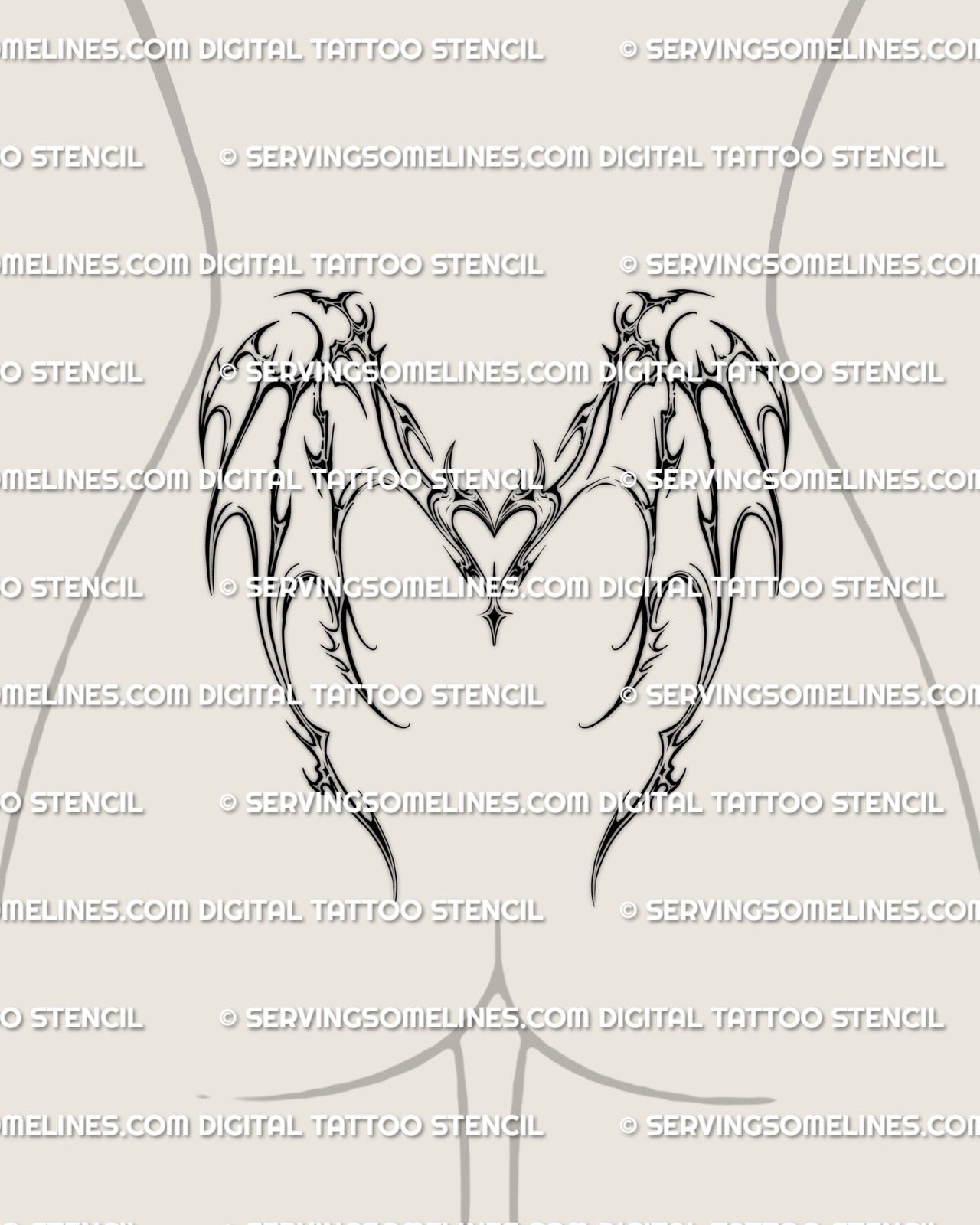 lower back tattoo with cyber sigil heart and demon inspired wings, spiky neotribal curves shaped for modern waistline placement