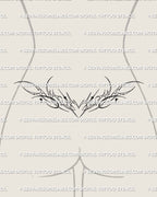 Lower back mockup displaying the ornamental heart outline tattoo stencil, thin decorative lines and sparkles shaped to match the waist curve in a soft feminine style.