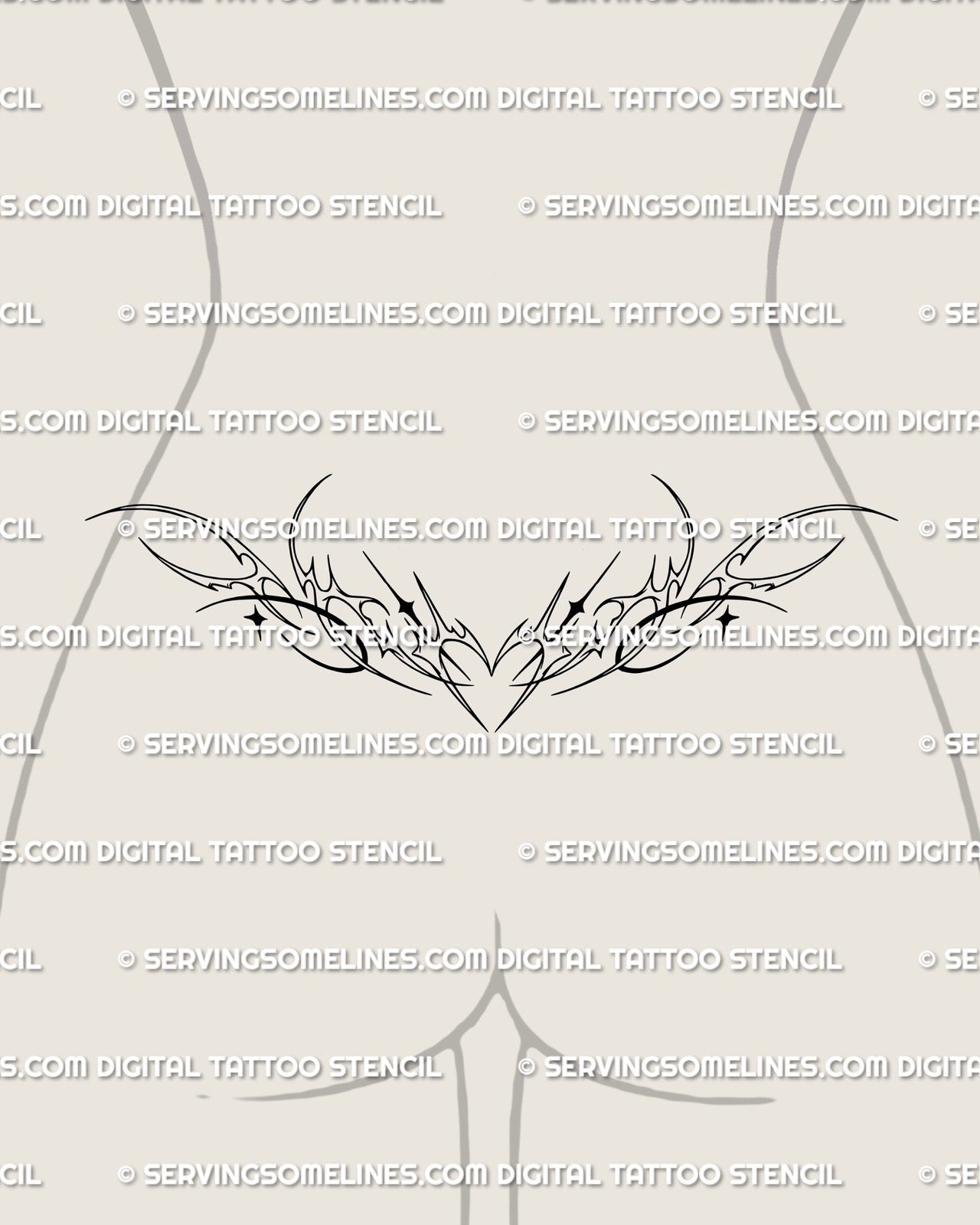 Lower back mockup displaying the ornamental heart outline tattoo stencil, thin decorative lines and sparkles shaped to match the waist curve in a soft feminine style.