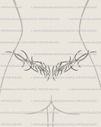 Lower back ornamental tattoo design with neotribal linework, modern fine line outline shaped to fit naturally as a clean tramp stamp.