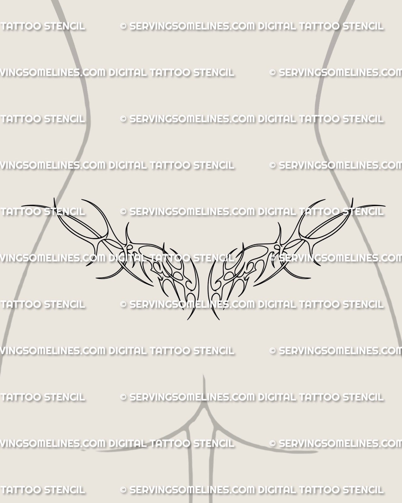 Lower back ornamental tattoo design with neotribal linework, modern fine line outline shaped to fit naturally as a clean tramp stamp.
