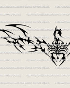Close detail of the lower back scorpion tattoo design, showing the tail, claws, body segments, and heavy black tribal flow.