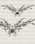 Lower back spider tattoo template close design view, cybersigilism spider stencil with printable high-resolution files.
