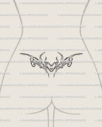 Lower back Taurus zodiac tattoo stencil in fine line neotribal cybersigilism, heart horns shape flowing symmetrically with soft edges.