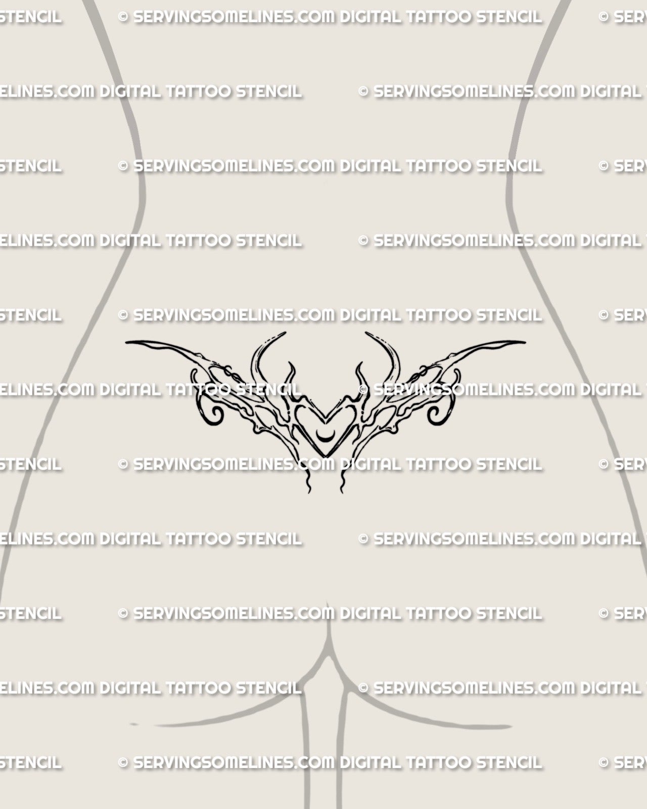 Lower back Taurus zodiac tattoo stencil in fine line neotribal cybersigilism, heart horns shape flowing symmetrically with soft edges.