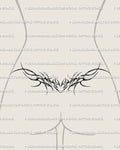 Lower back thorn heart wings tattoo stencil, elegant neotribal gothic tramp stamp design with ornamental vine lines and feminine flow.