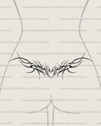Lower back thorn heart wings tattoo stencil, elegant neotribal gothic tramp stamp design with ornamental vine lines and feminine flow.